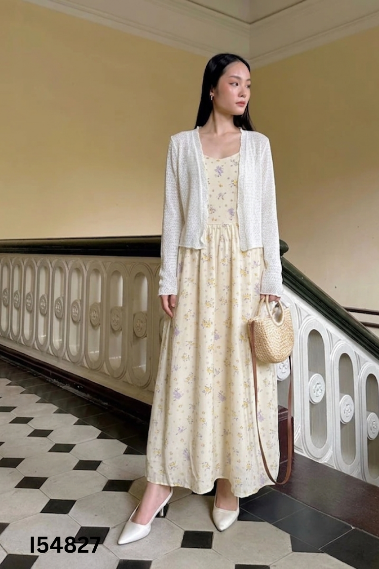 Set Váy hai dây be hoa + áo lưới