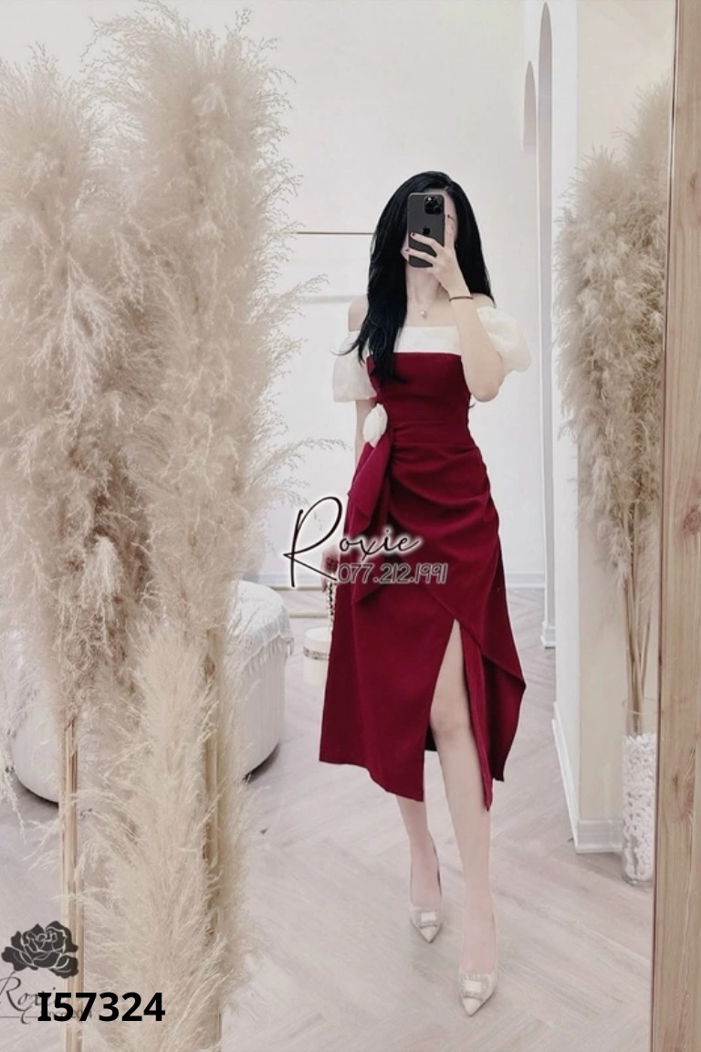 Váy đỏ phối voan be