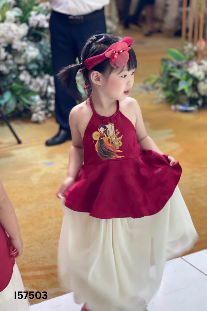 Set Áo yếm đỏ in họa tiết + chân váy lưới trắng KIDS