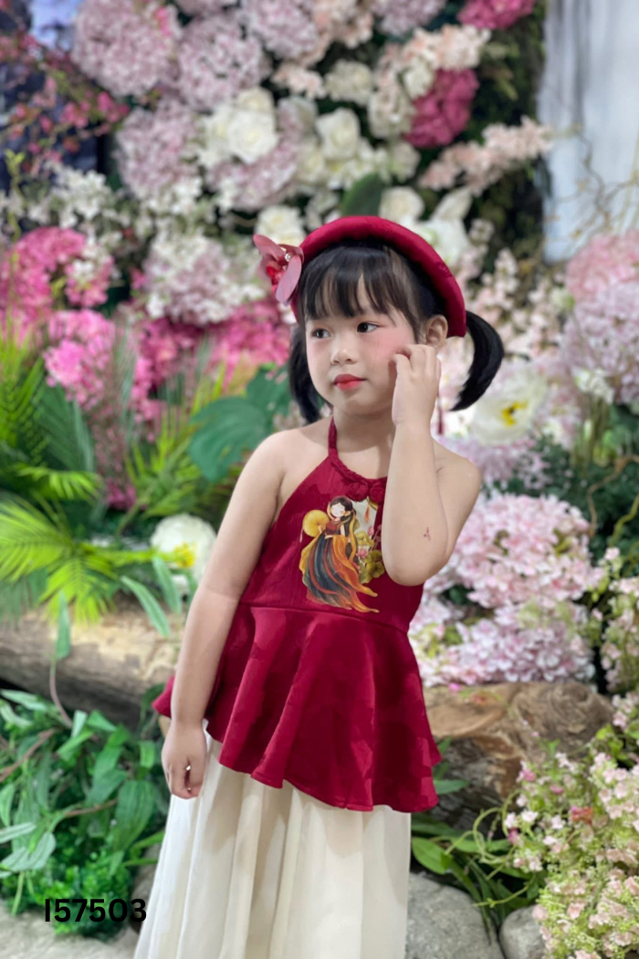 Set Áo yếm đỏ in họa tiết + chân váy lưới trắng KIDS