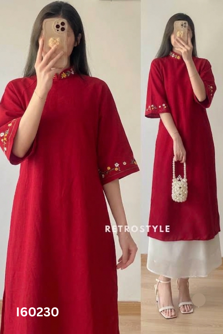 Áo dài đỏ thêu hoa trắng