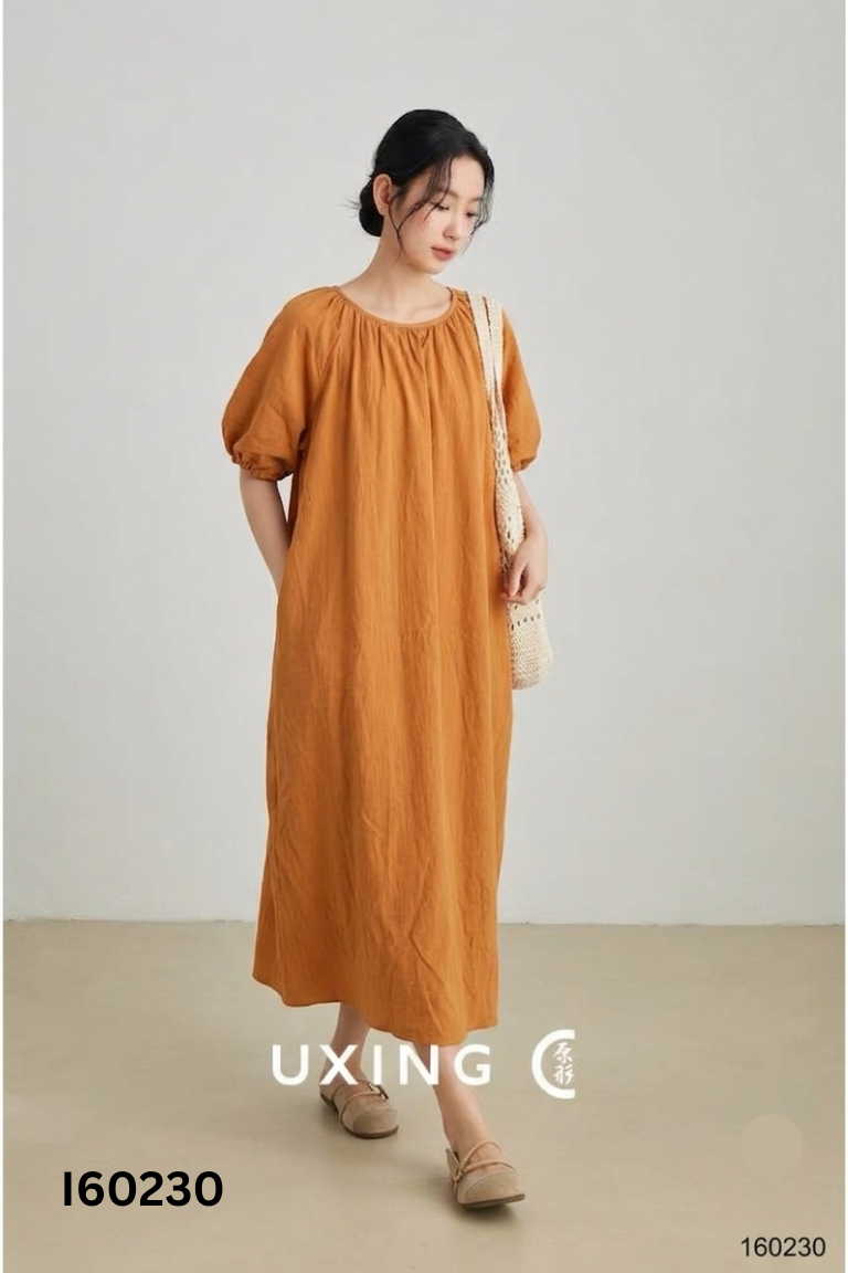 Váy đũi nâu be tay phồng