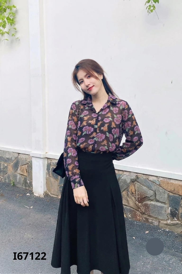 Áo sơ mi voan đen hoa tím