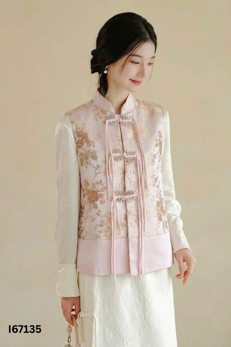 Áo gile hồng cổ điển trung hoa
