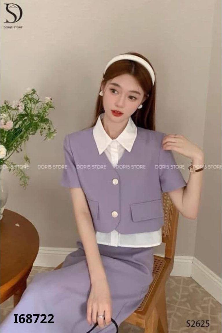 Áo tím cổ trắng phối cúc