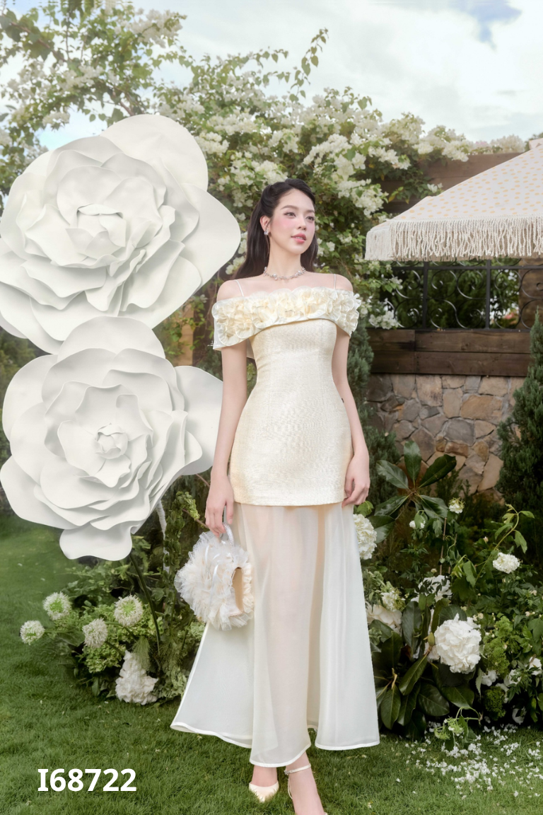 NEWTAG Váy hai dây be JM DESIGN phối voan