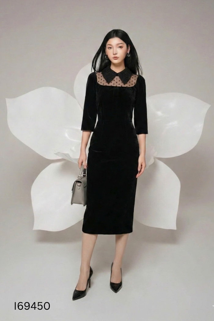 Váy nhung đen ELISE phối lưới