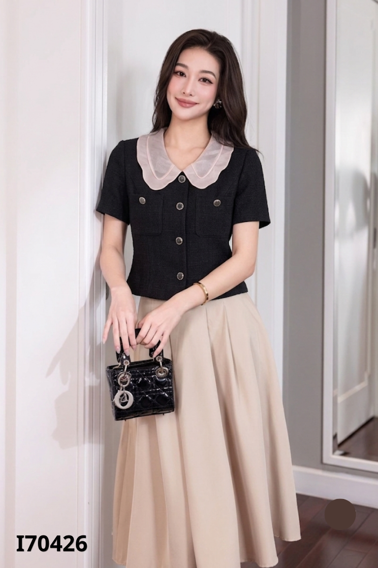 Áo ELISE đen cổ hồng