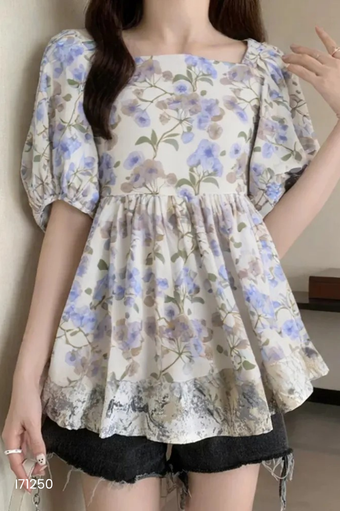 Áo xanh hoa tay phồng