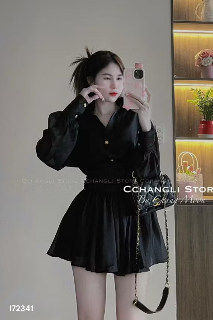 Váy voan đen cổ sơ mi