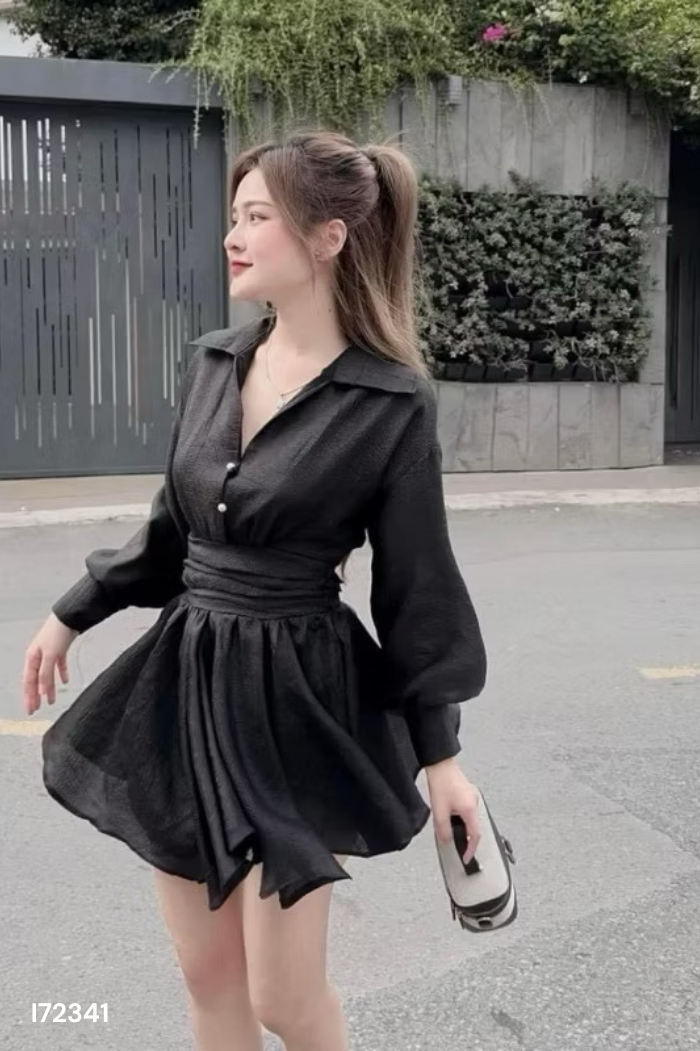 Váy voan đen cổ sơ mi