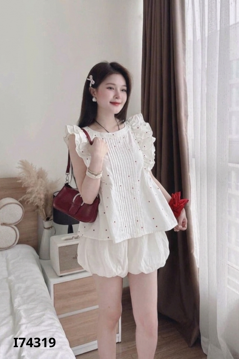 Set Áo be chấm bi bèo + quần bí