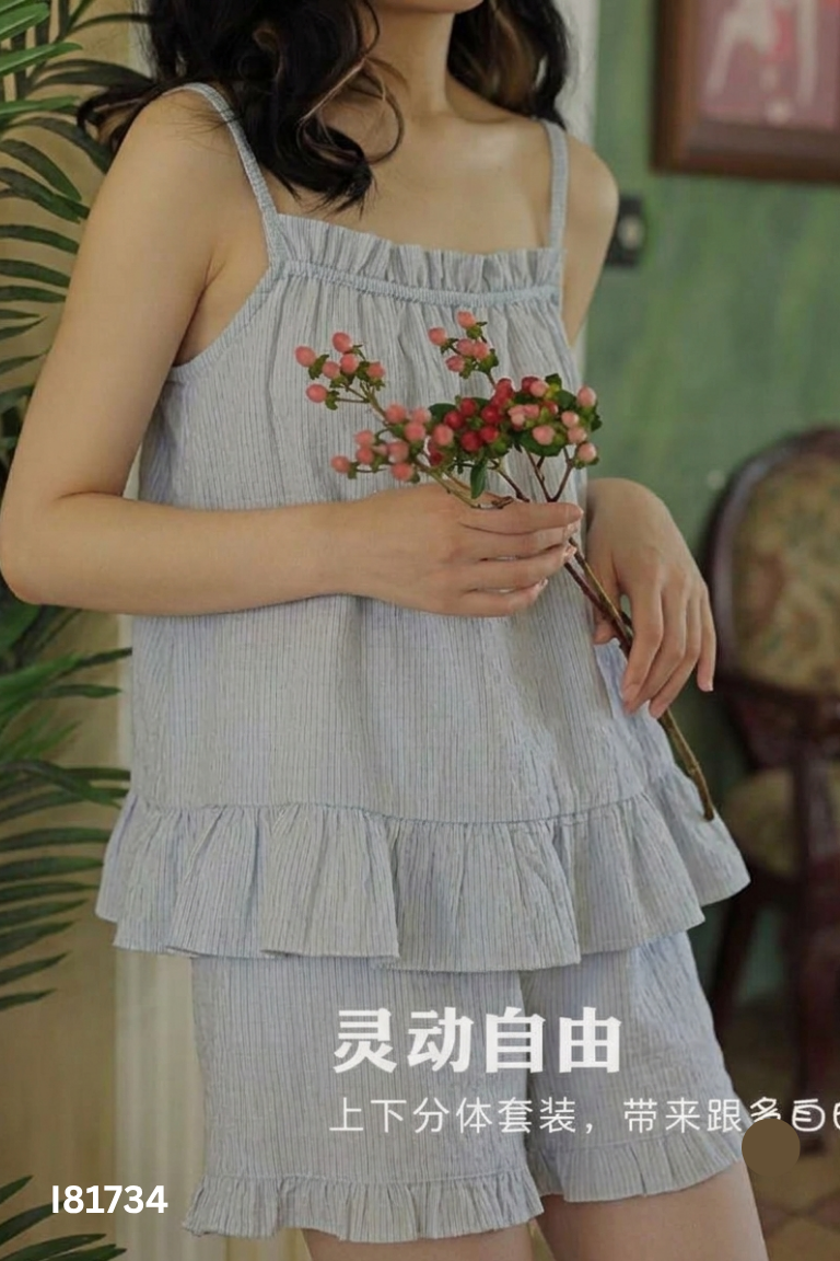 Set áo hai dây + quần short xanh min
