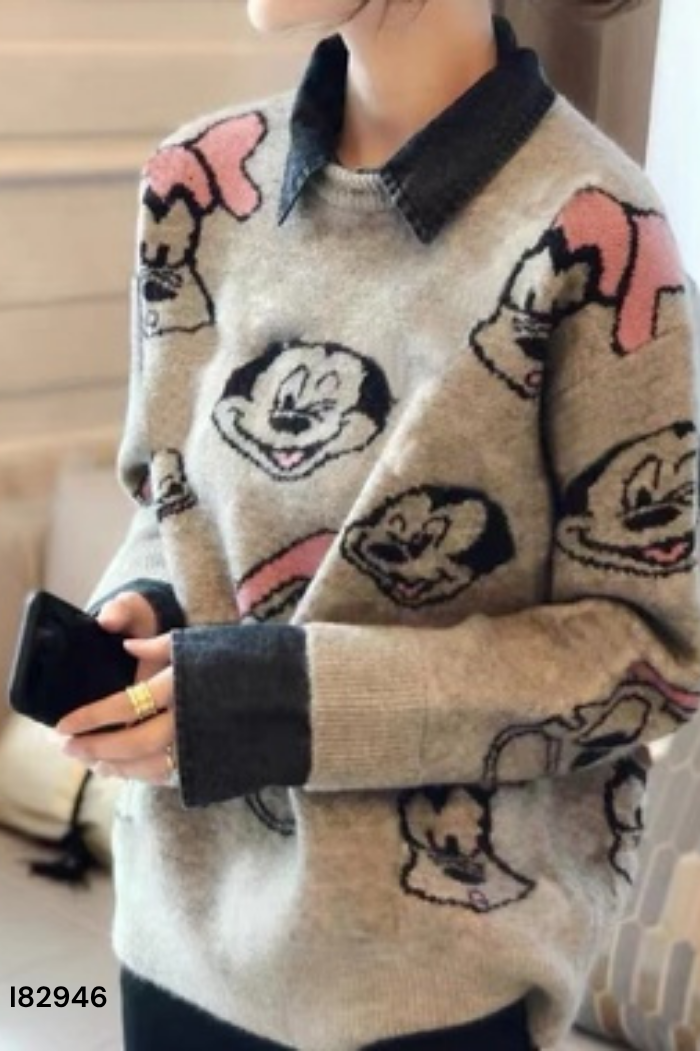 Áo len xám lá cổ jean