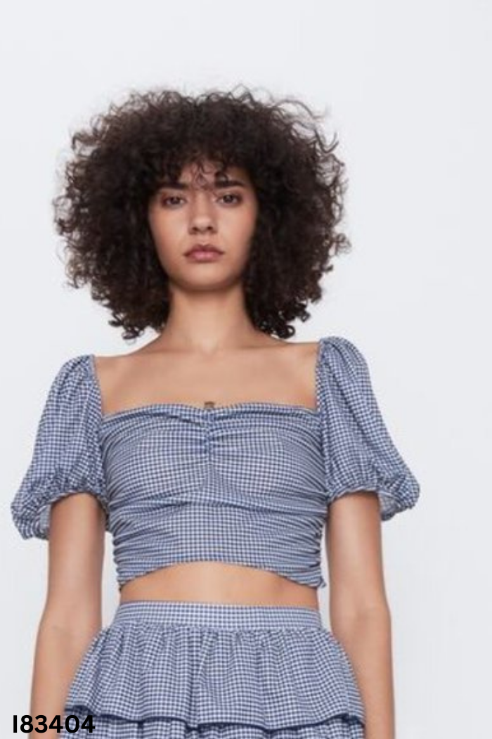 Áo xanh kẻ caro ZARA tay phồng