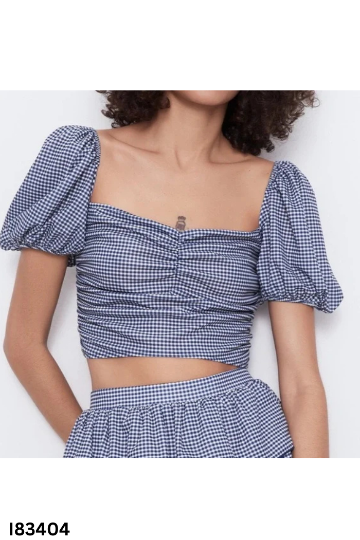 Áo xanh kẻ caro ZARA tay phồng