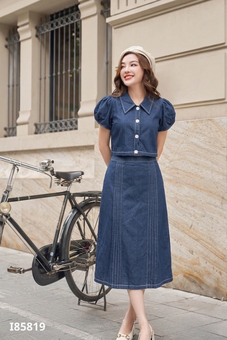 Set áo sơ mi +chân váy jean xanh