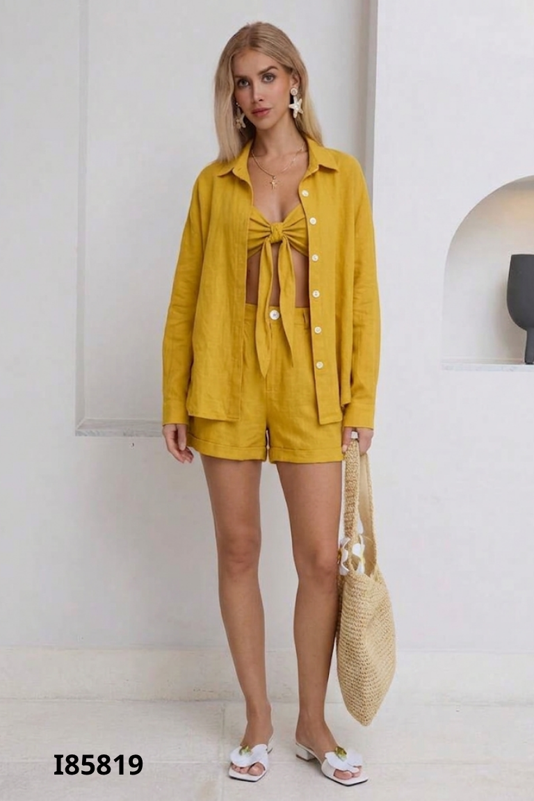 Set áo ngực + áo sơ mi + quần short vàng