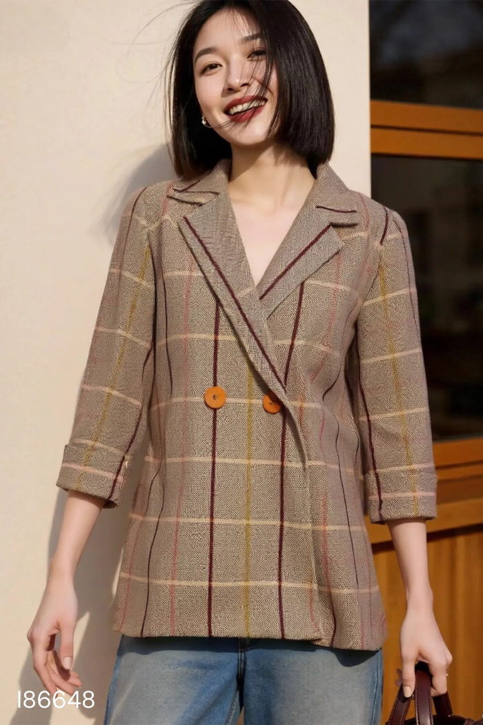Áo blazer LAMER dạ nâu kẻ