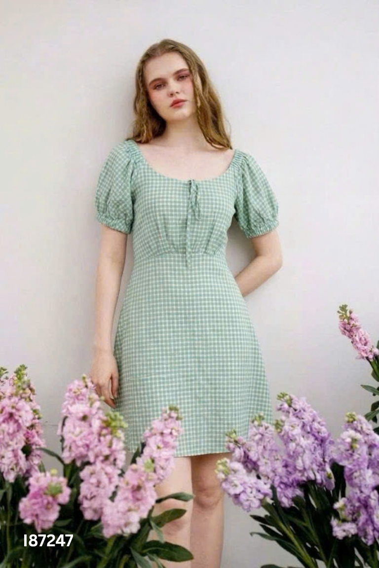 I8724711834-Váy xanh kẻ caro ADORE DRESS trễ vai