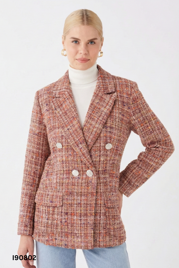 Áo khoác blazer dạ tweed nâu phối màu sắc