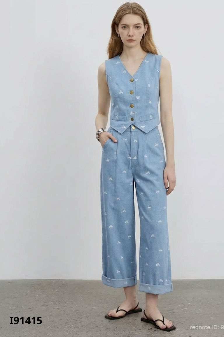 Set ELVES jeans xanh áo gile + quần