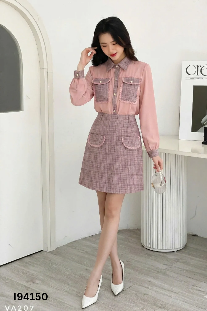 Set áo sơ mi hồng + chân váy tím kẻ