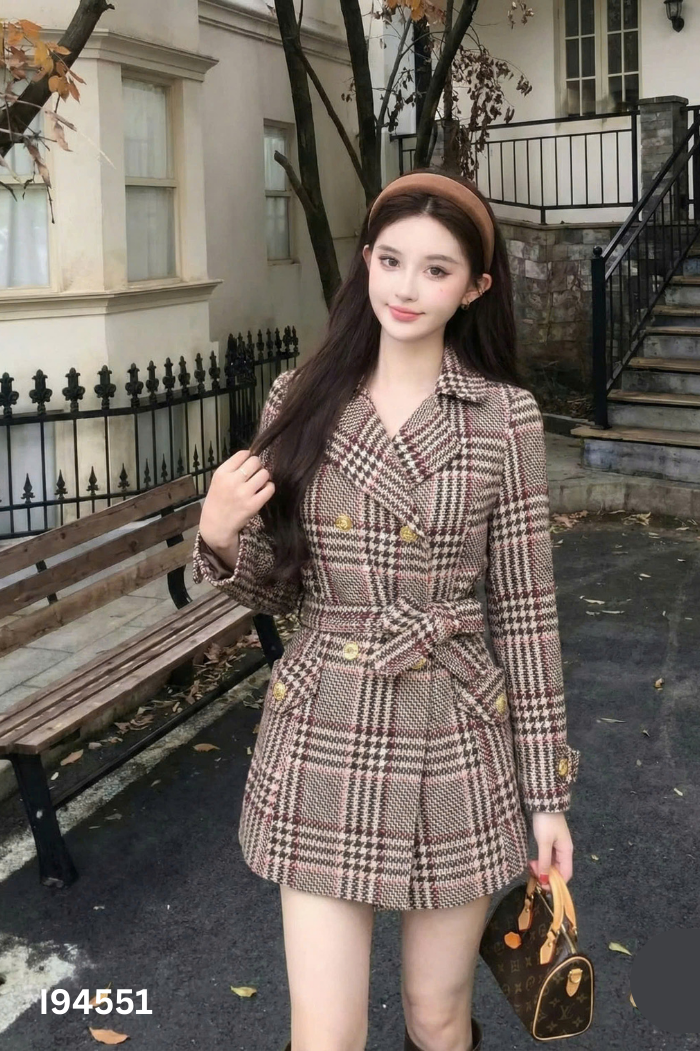 Áo blazer dạ nâu kẻ