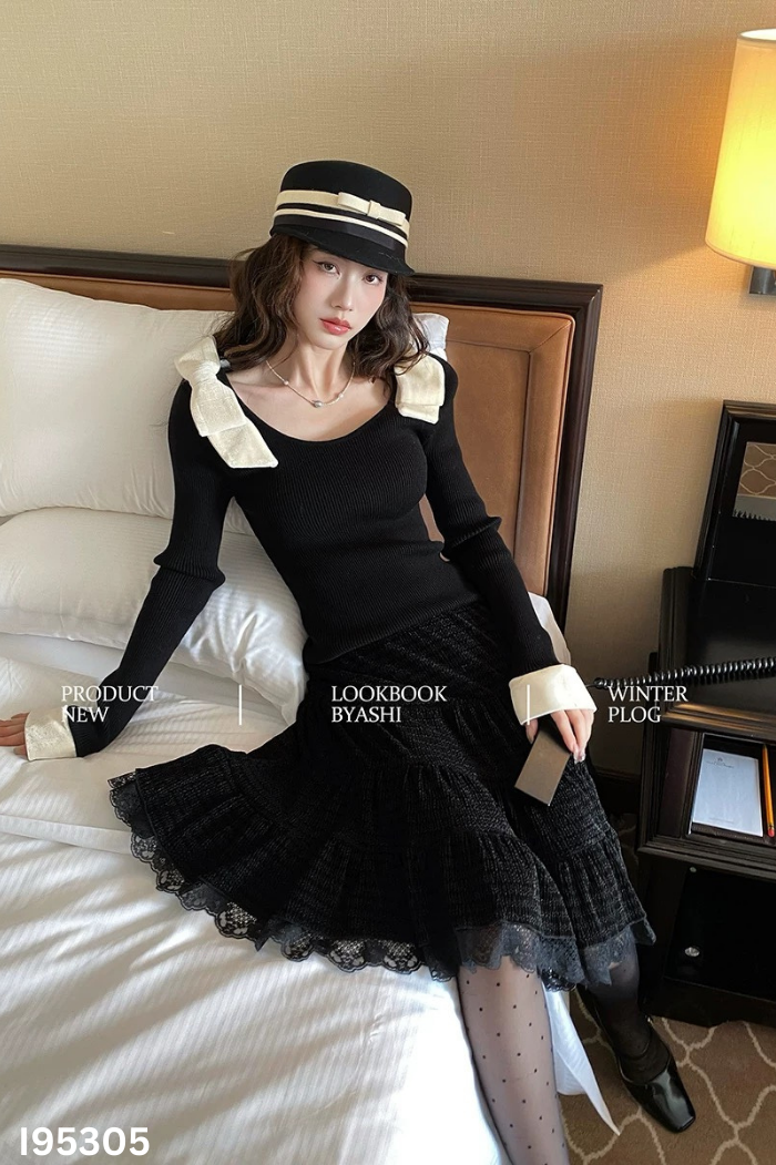 NEWTAG Áo đen phối nơ trắng 