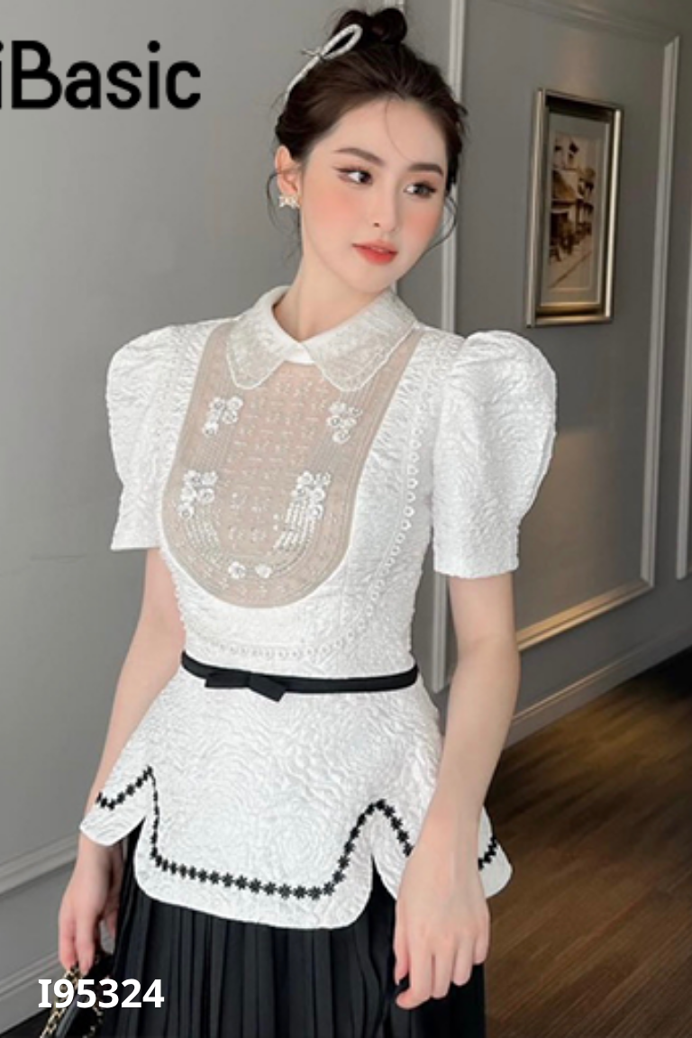 NEWTAG Áo trắng cổ đính cườm