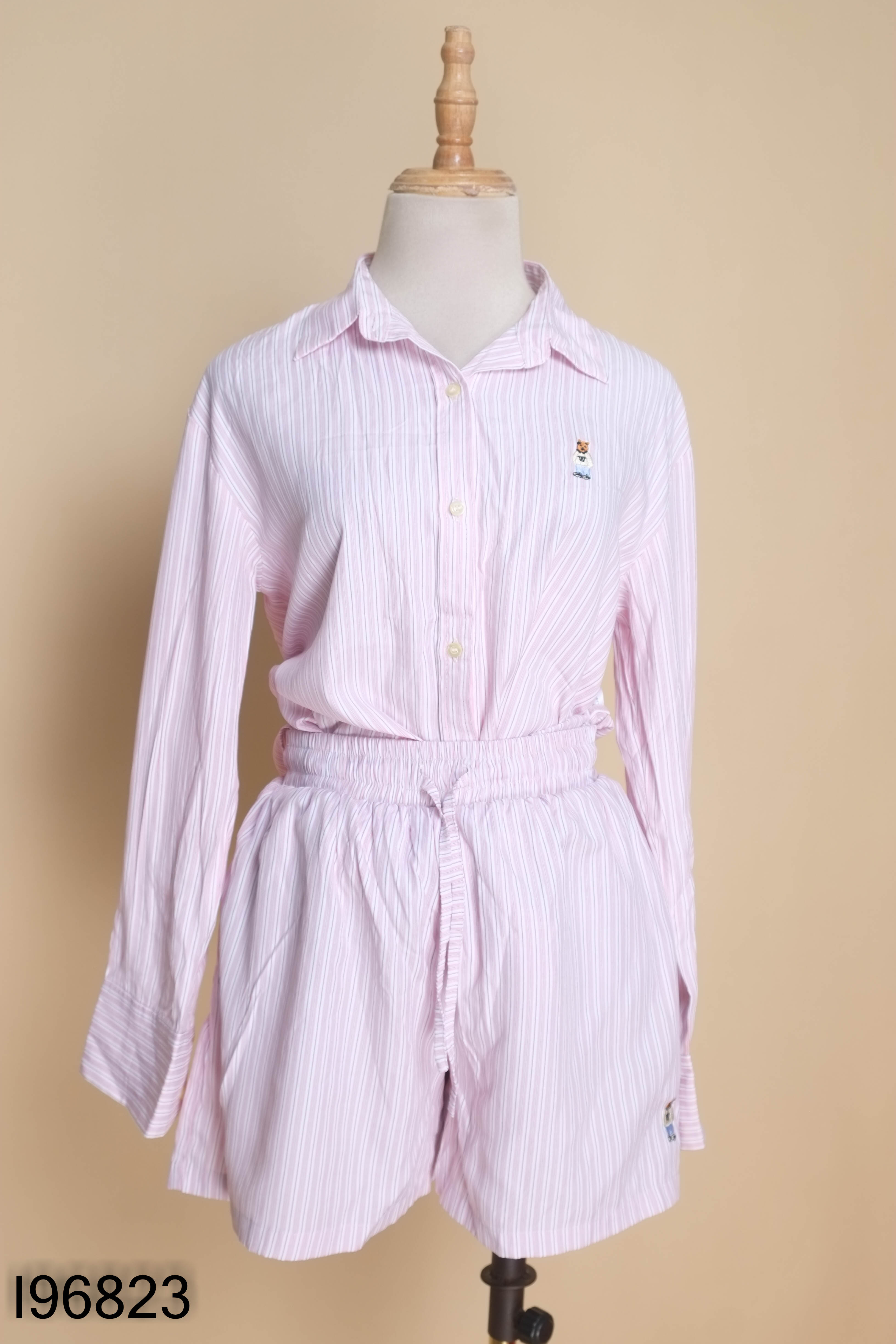 Set Áo sơ mi hồng sọc thêu gấu + quần shorts