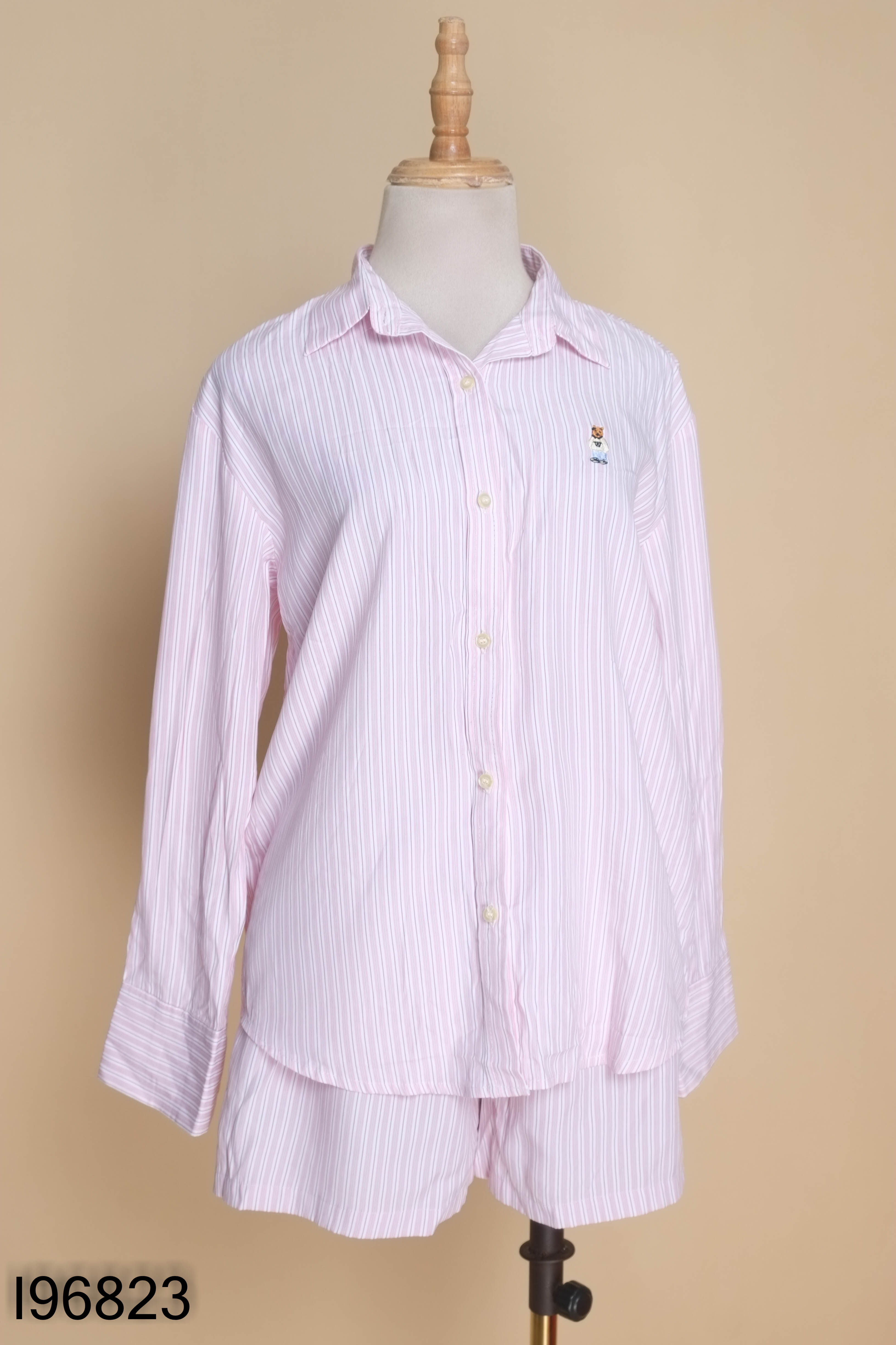 Set Áo sơ mi hồng sọc thêu gấu + quần shorts