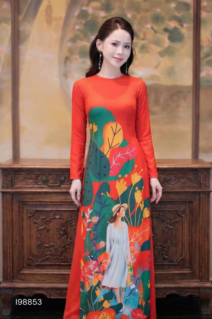 Áo dài đỏ họa tiết (Ko quần)