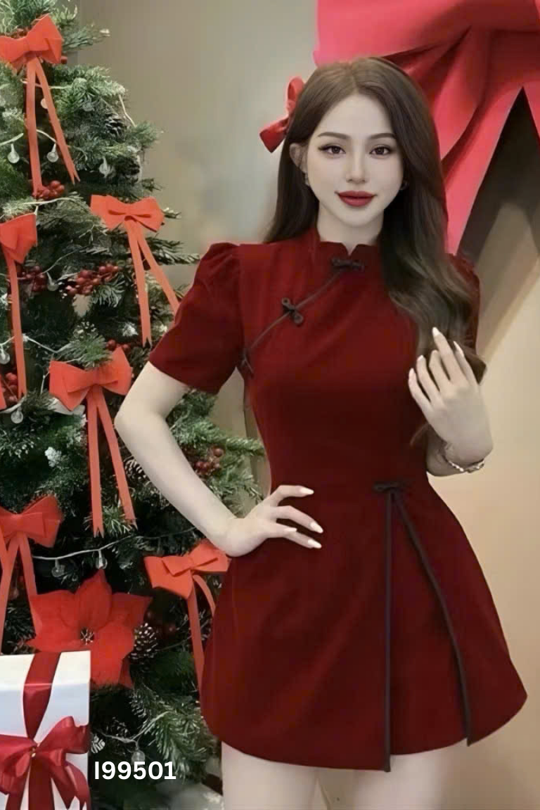Set áo + quần nhung đỏ cúc đen
