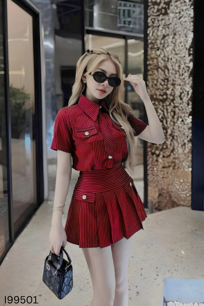Set áo + chân váy đỏ kẻ trắng