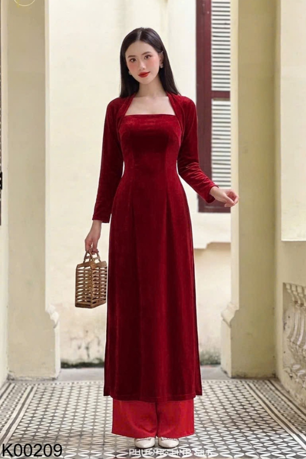 Set Áo dài quây nhung đỏ kèm áo + quần