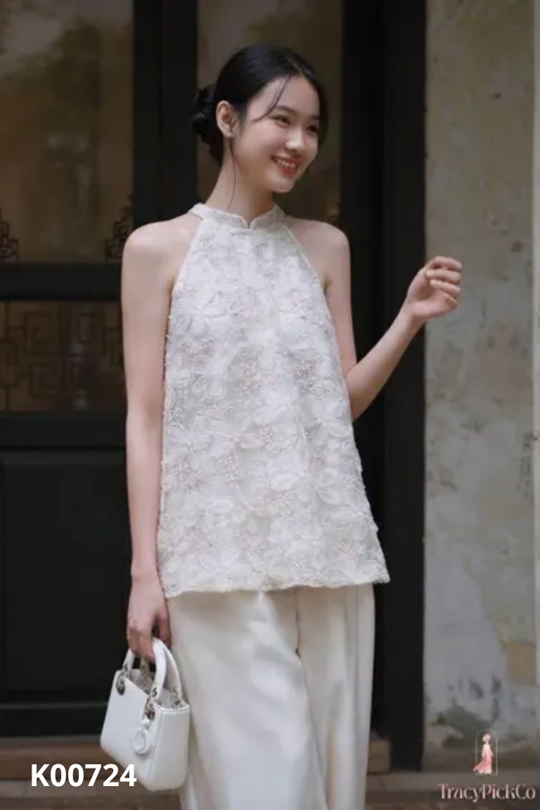 Áo trắng cổ yếm phối lưới
