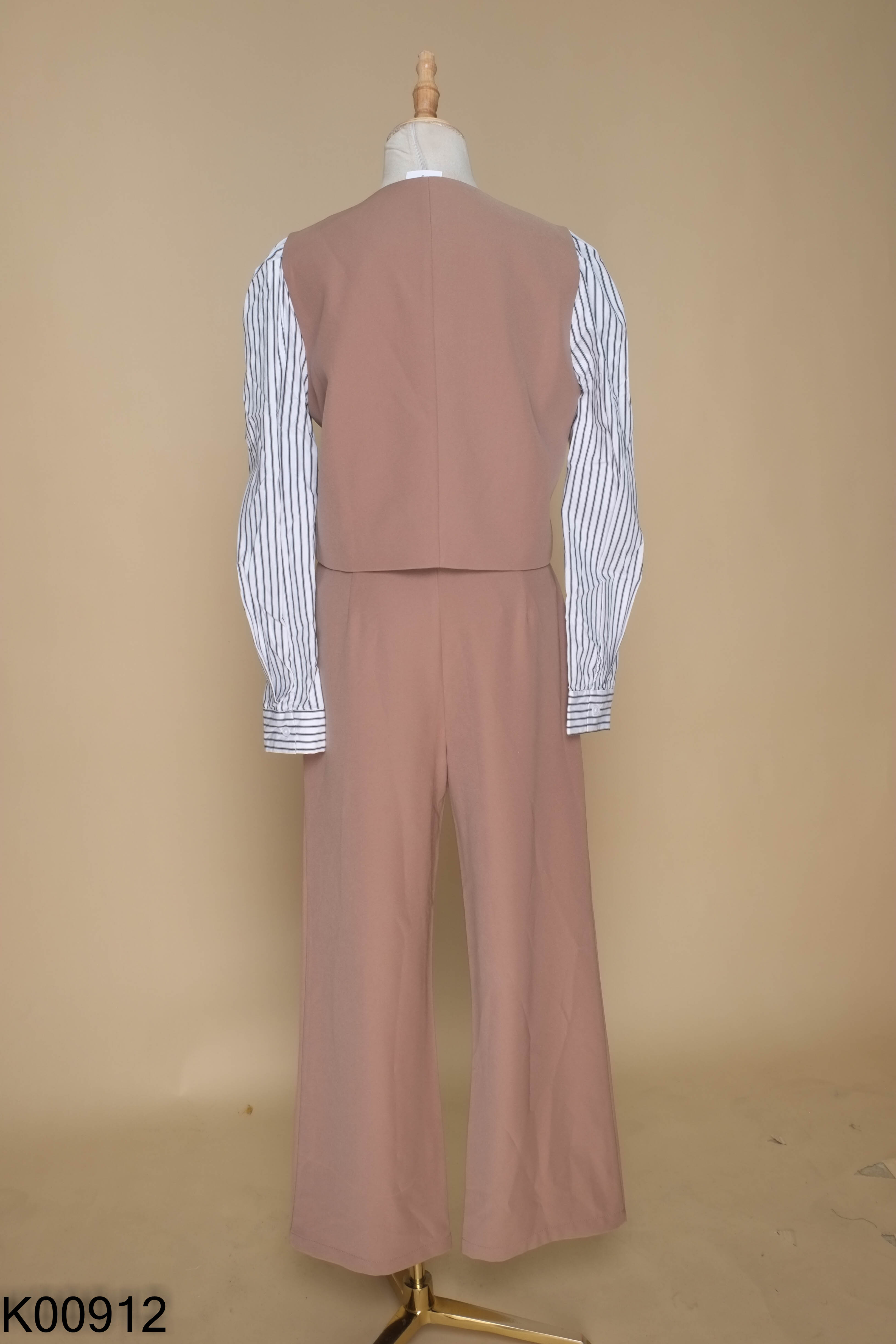 Set Áo be phối cúc tay sọc + quần dài