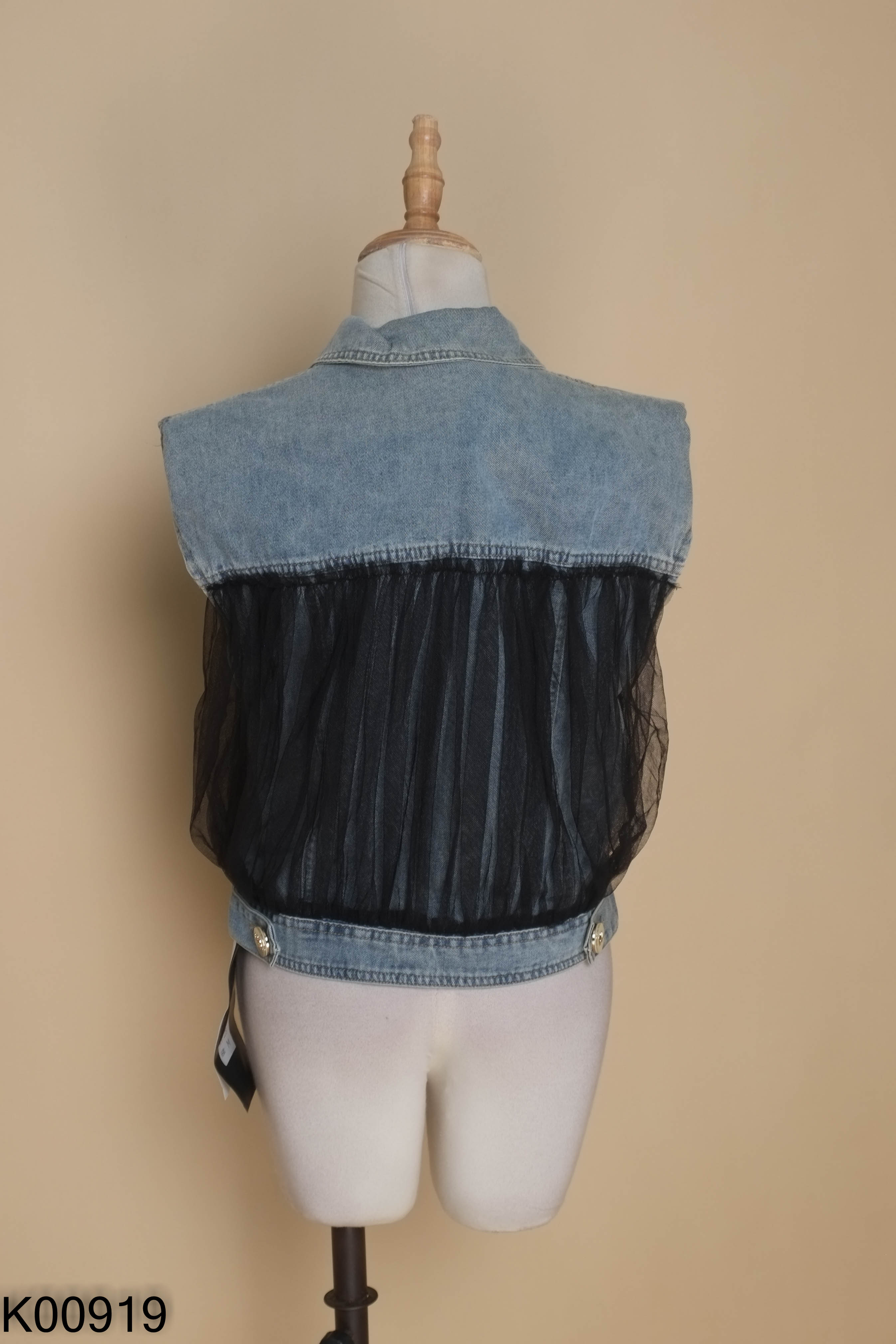 NEWTAG Áo sát nách jeans xanh phối lưới