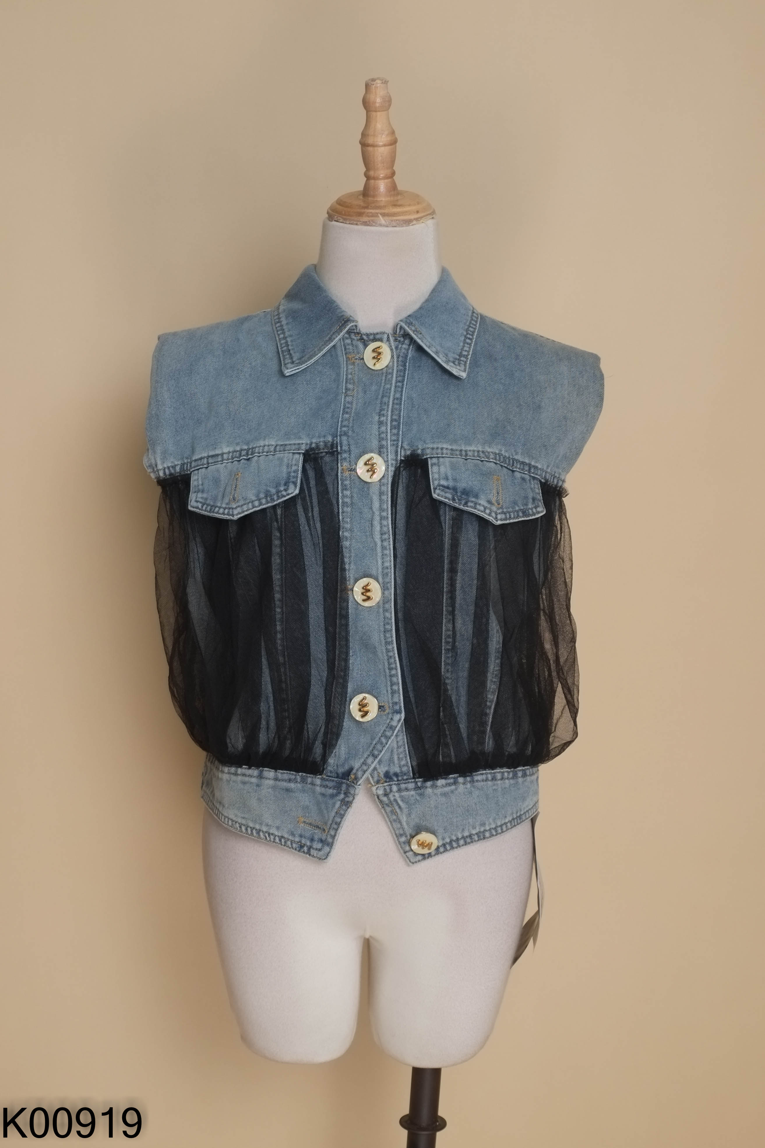 NEWTAG Áo sát nách jeans xanh phối lưới