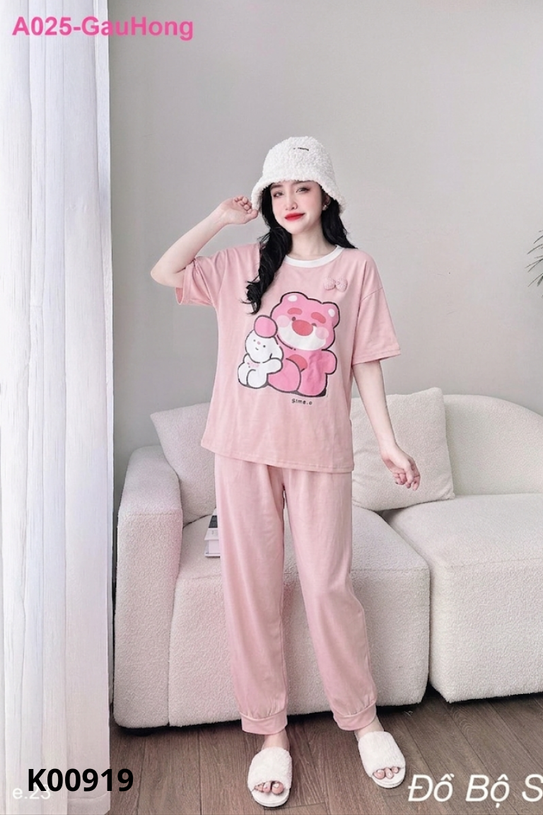NEWTAG SET Áo hồng in hình gấu + quần dài
