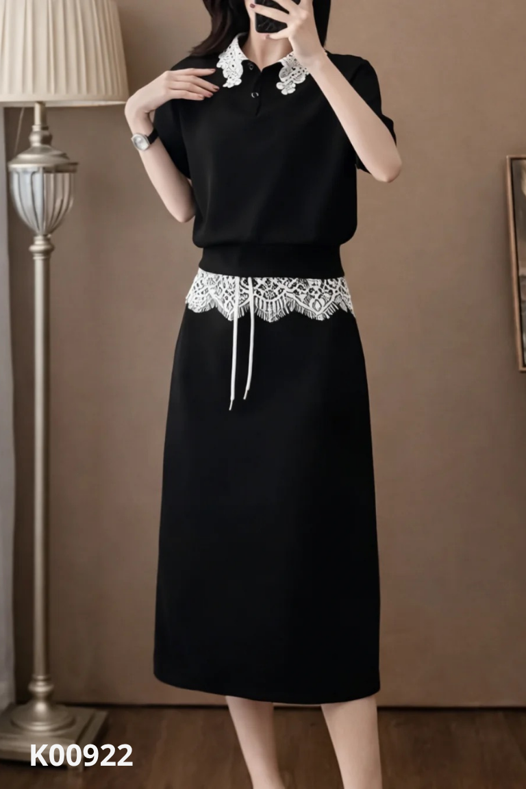 Set Áo đen cổ ren trắng + chân váy