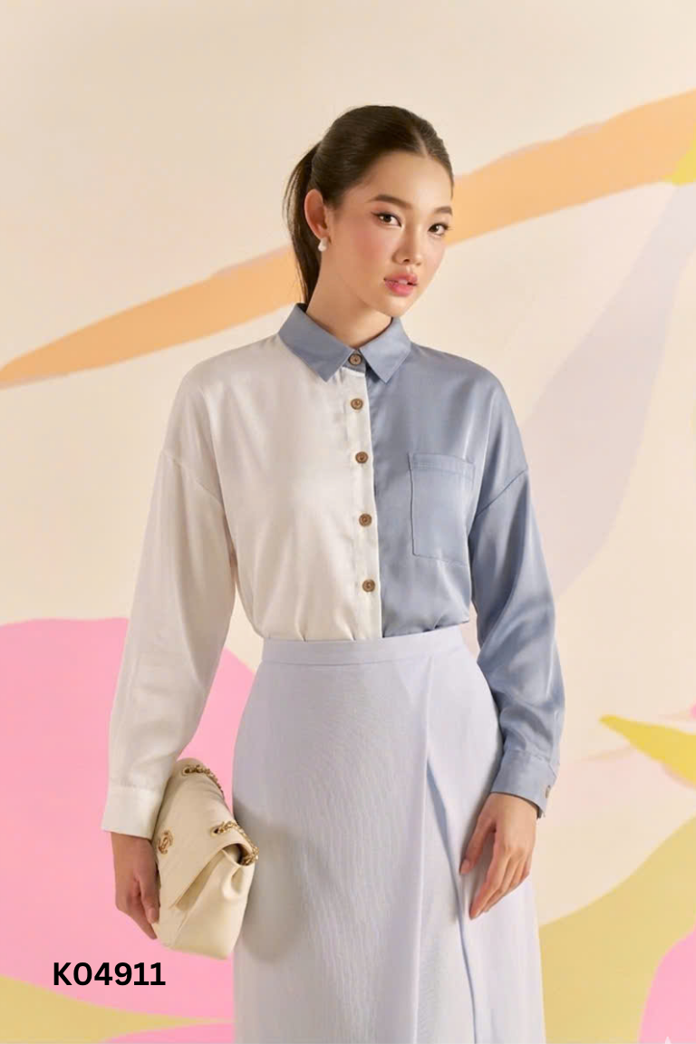 Áo VIEN TRAN sơ mi xanh phối trắng