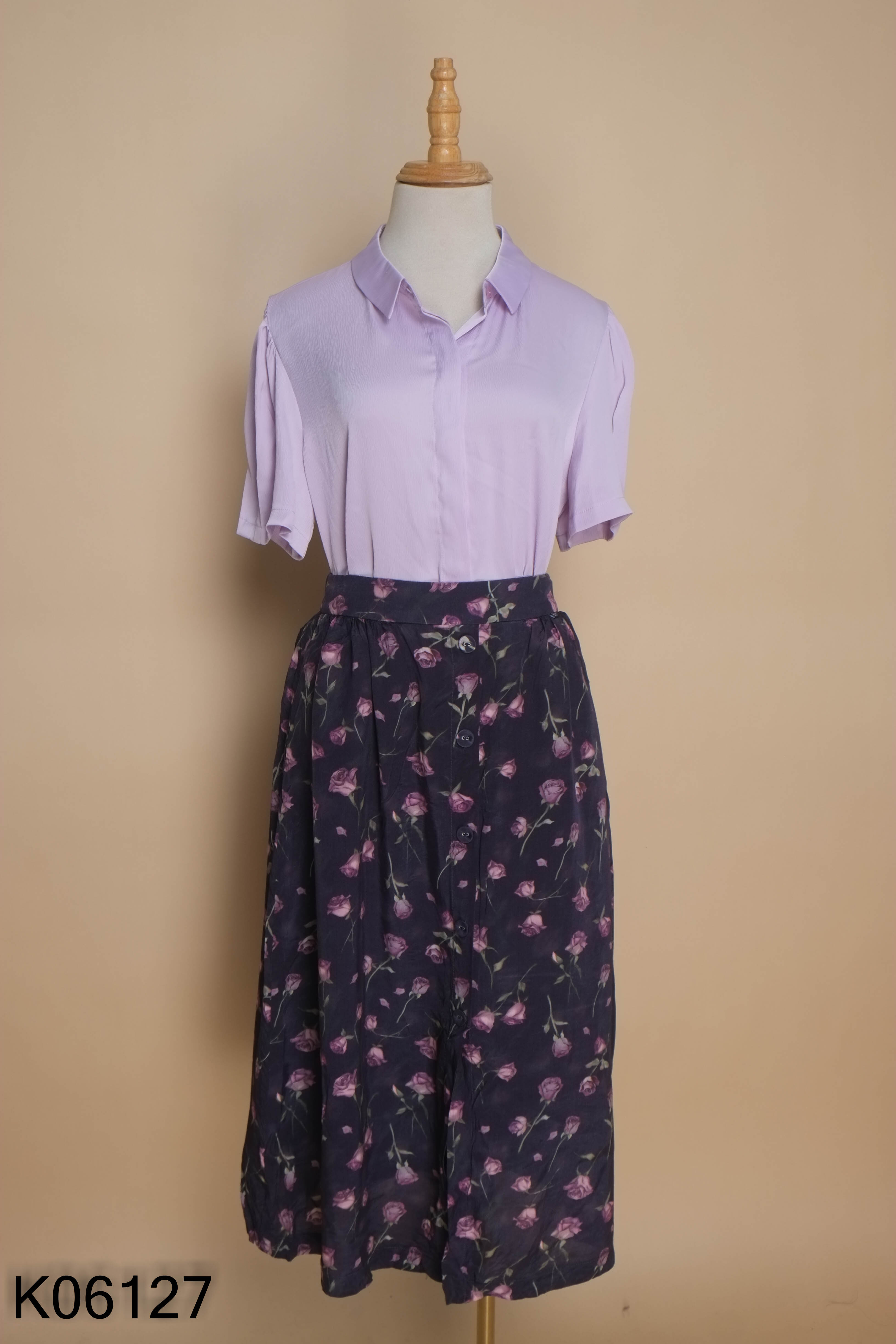 Set EVY áo lụa tím + chân váy tím hoa