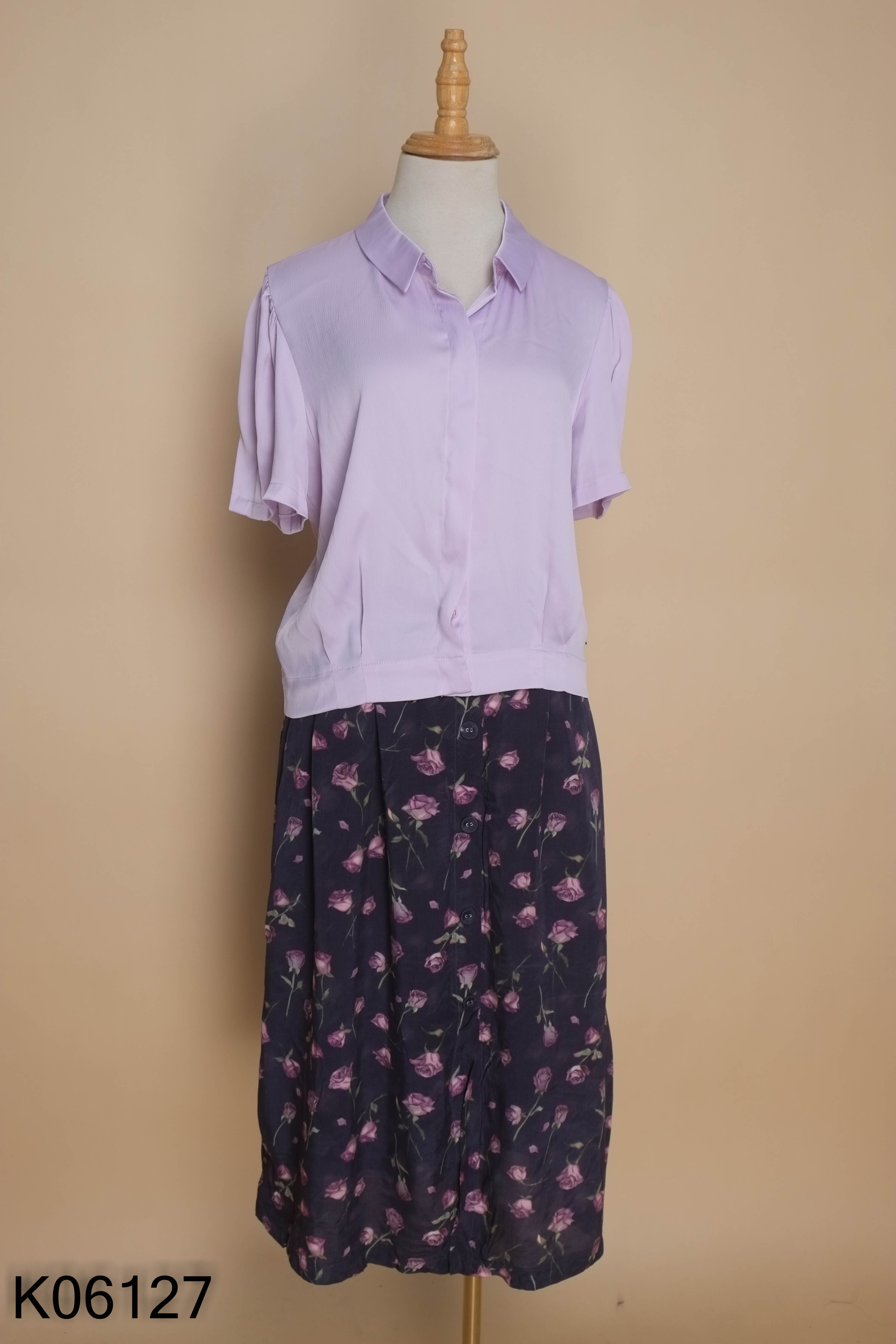 Set EVY áo lụa tím + chân váy tím hoa