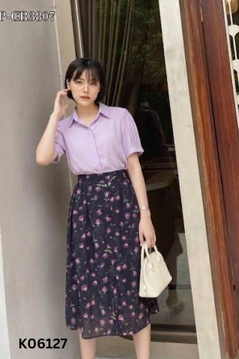 Set EVY áo lụa tím + chân váy tím hoa