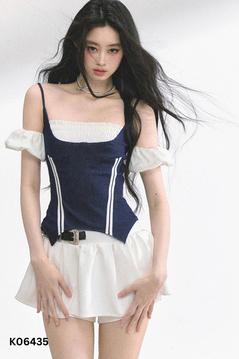 Set áo dây jeans xanh+váy trắng