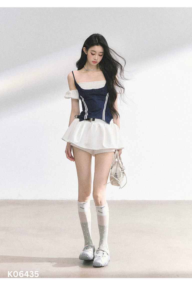Set áo dây jeans xanh+váy trắng