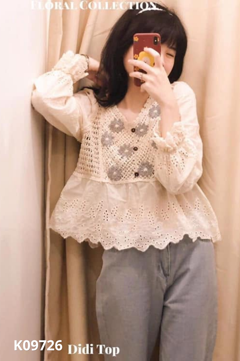 Áo lưới be hoa xám