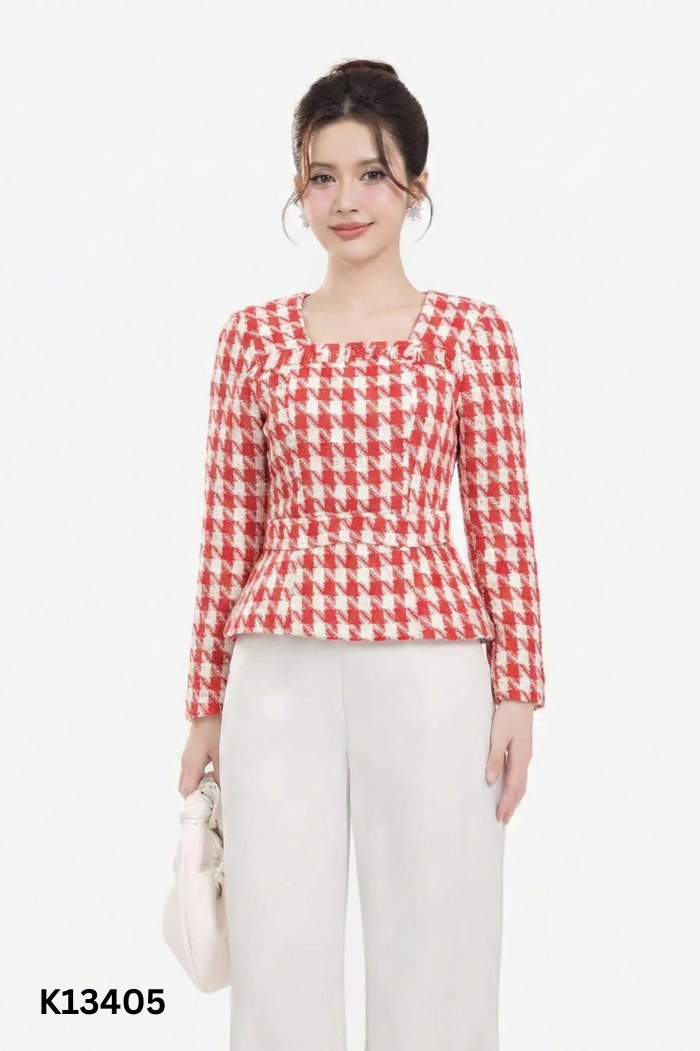 Áo dạ tweed đỏ trắng caro cổ vuông